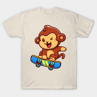 Cute Monkey Playing Skateboard Cartoon T-Shirt